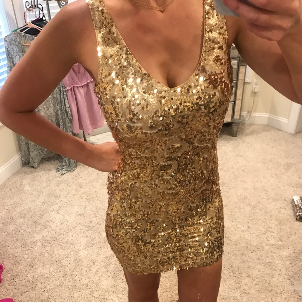BEBE gold sequin cocktail dress